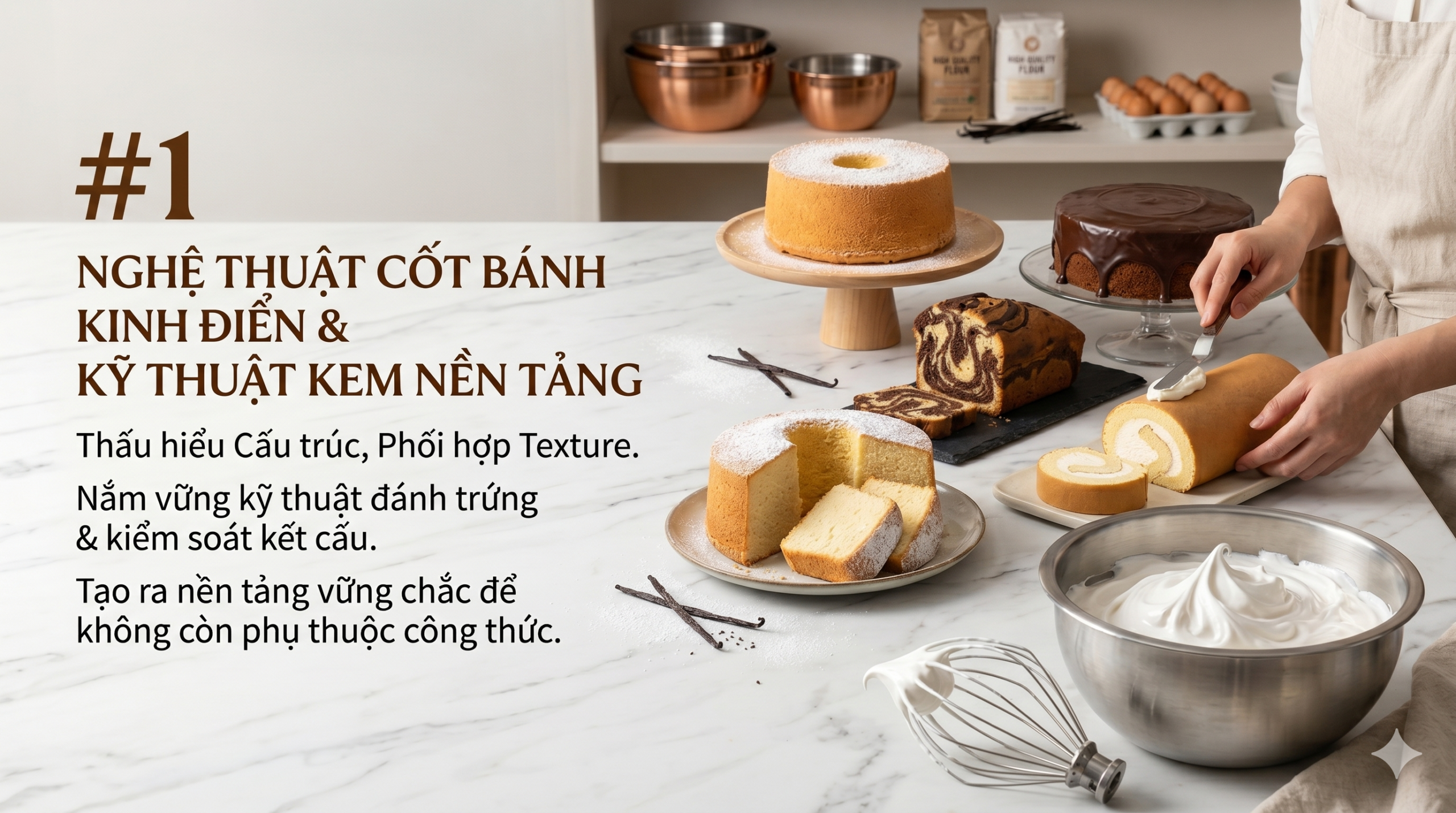 Khoá Pastry School #1: Cốt Bánh Kinh Điển & Kỹ Thuật Kem Nền Tảng